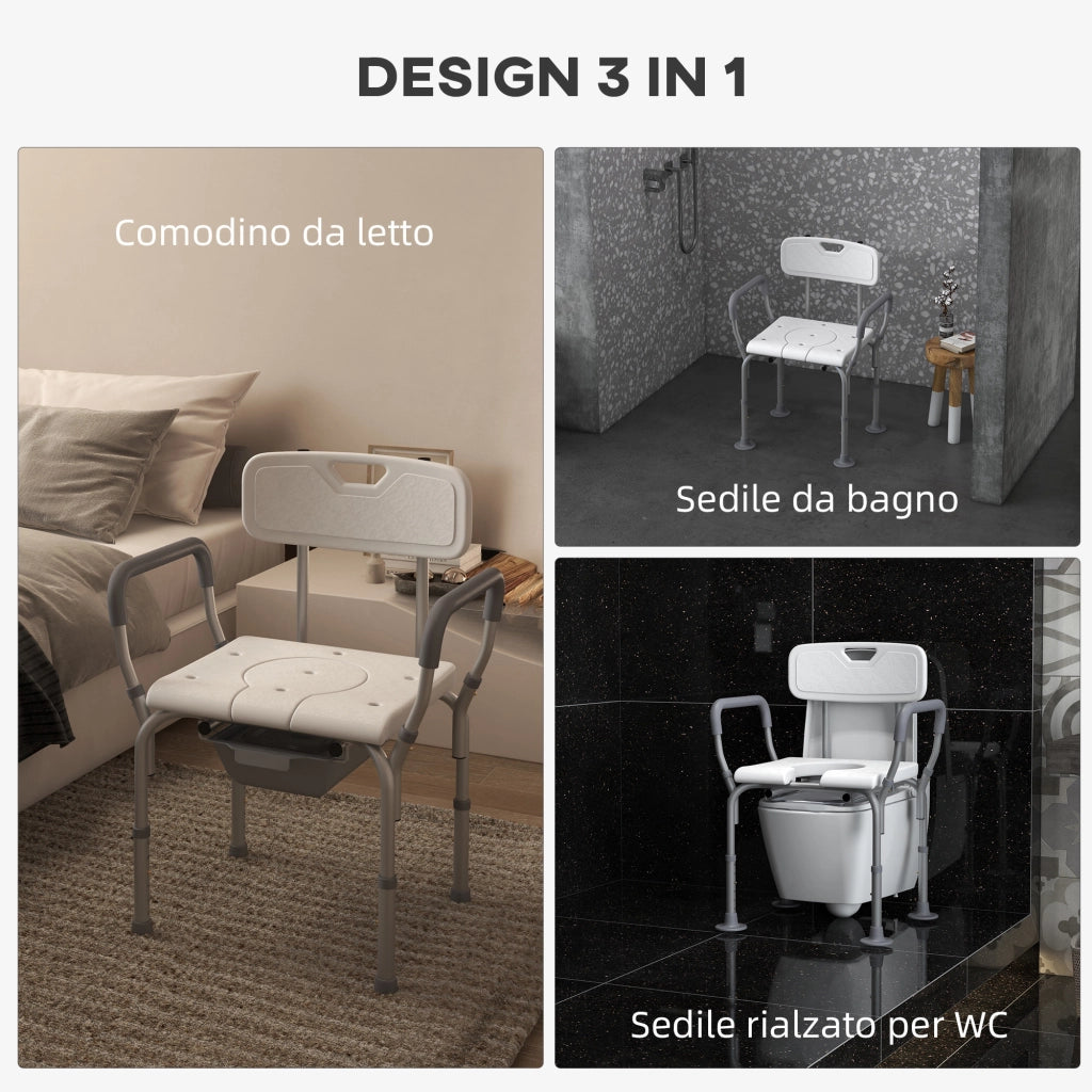 Sedia da Doccia 3 in 1 con Schienale e Braccioli. Altezza Regolabile e Piedini Antiscivolo. Bianco