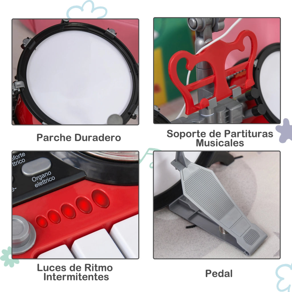 Batteria per Bambini con 4 Tamburi, Microfono, Piatti, Bacchette e Tastiera ¨C Minimal ¨C Rosso