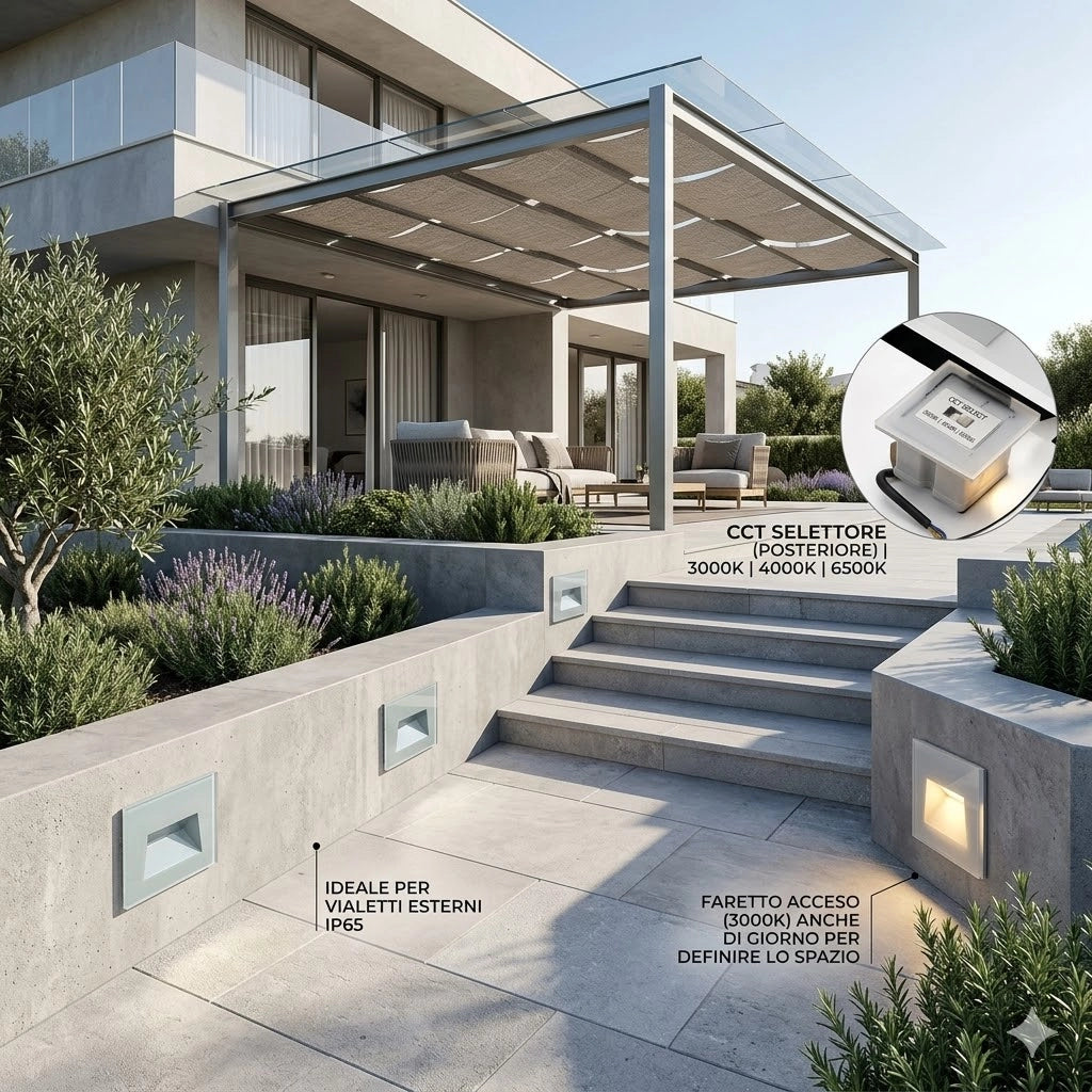 Segnapasso LED da Incasso per 503 a Parete IP65 5W 500 Lumen CCT Switch Luce Calda Fredda e Naturale Vetro Frontale per Scale Corridoi e Esterno