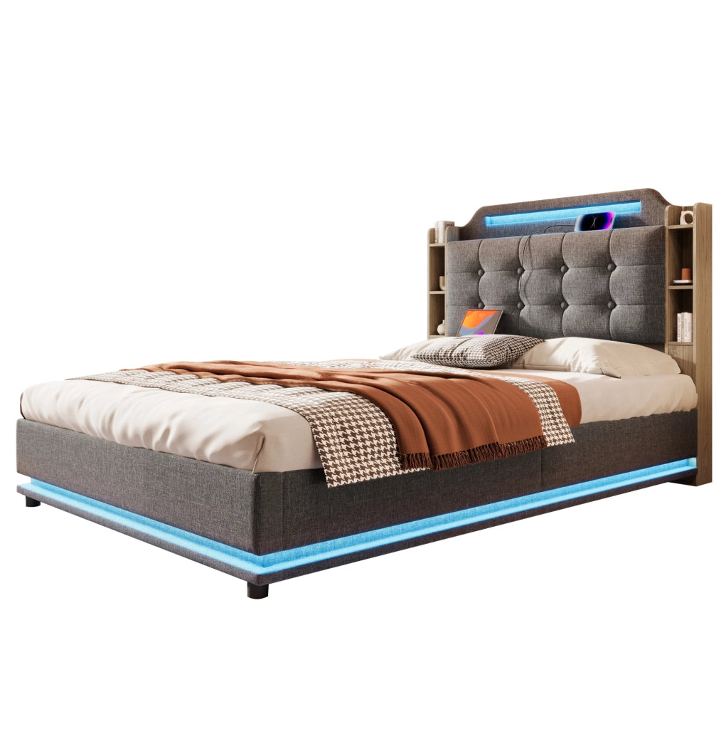 Letto imbottito 140x200 cm con LED, contenitore idraulico e USB Type-C