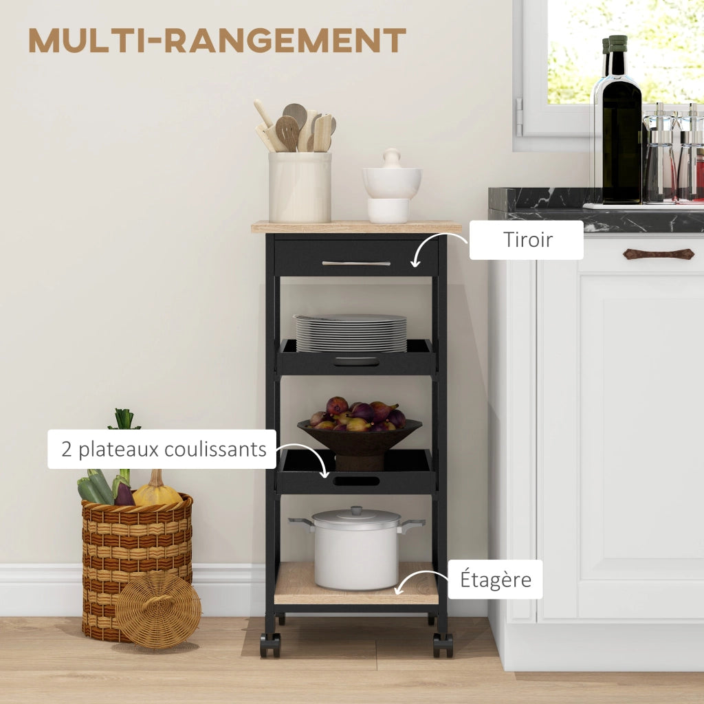 Tavolo da cucina con carrello, 2 ripiani, cassetto e scaffale ¨C zephmum ¨C legno quercia chiaro e nero