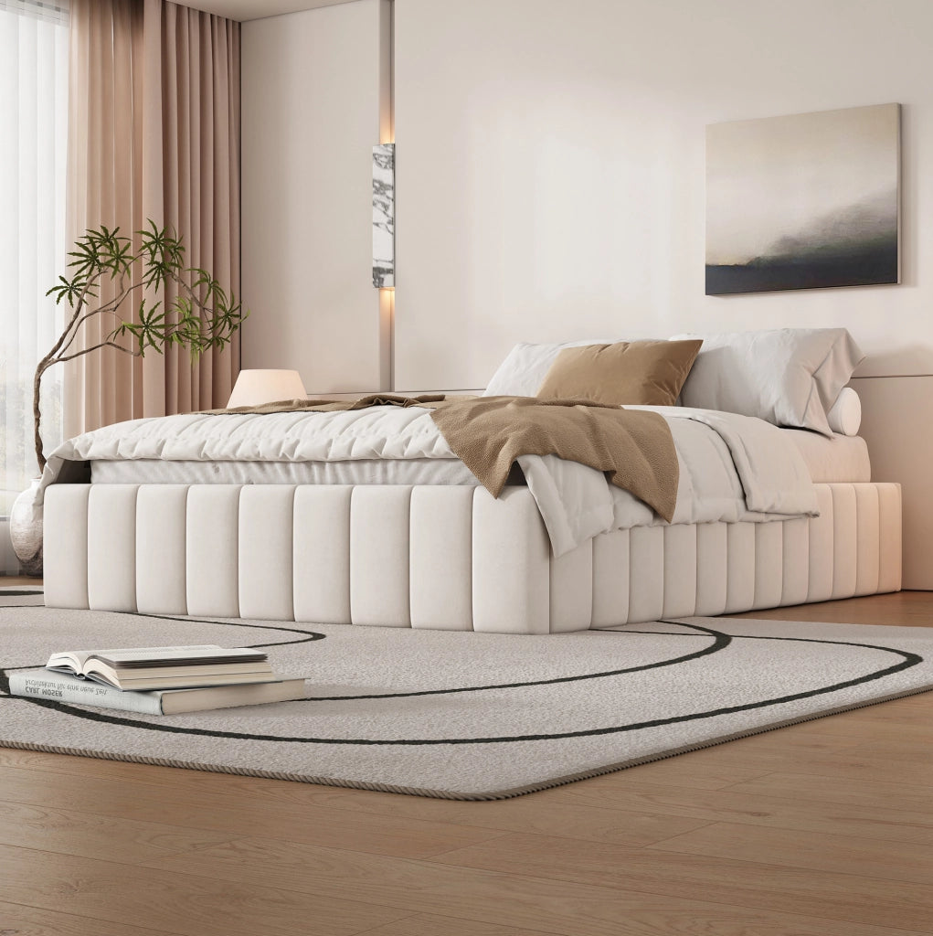 Letto imbottito ULEVR 140x200 cm con 4 cassetti e rete a doghe, velluto beige