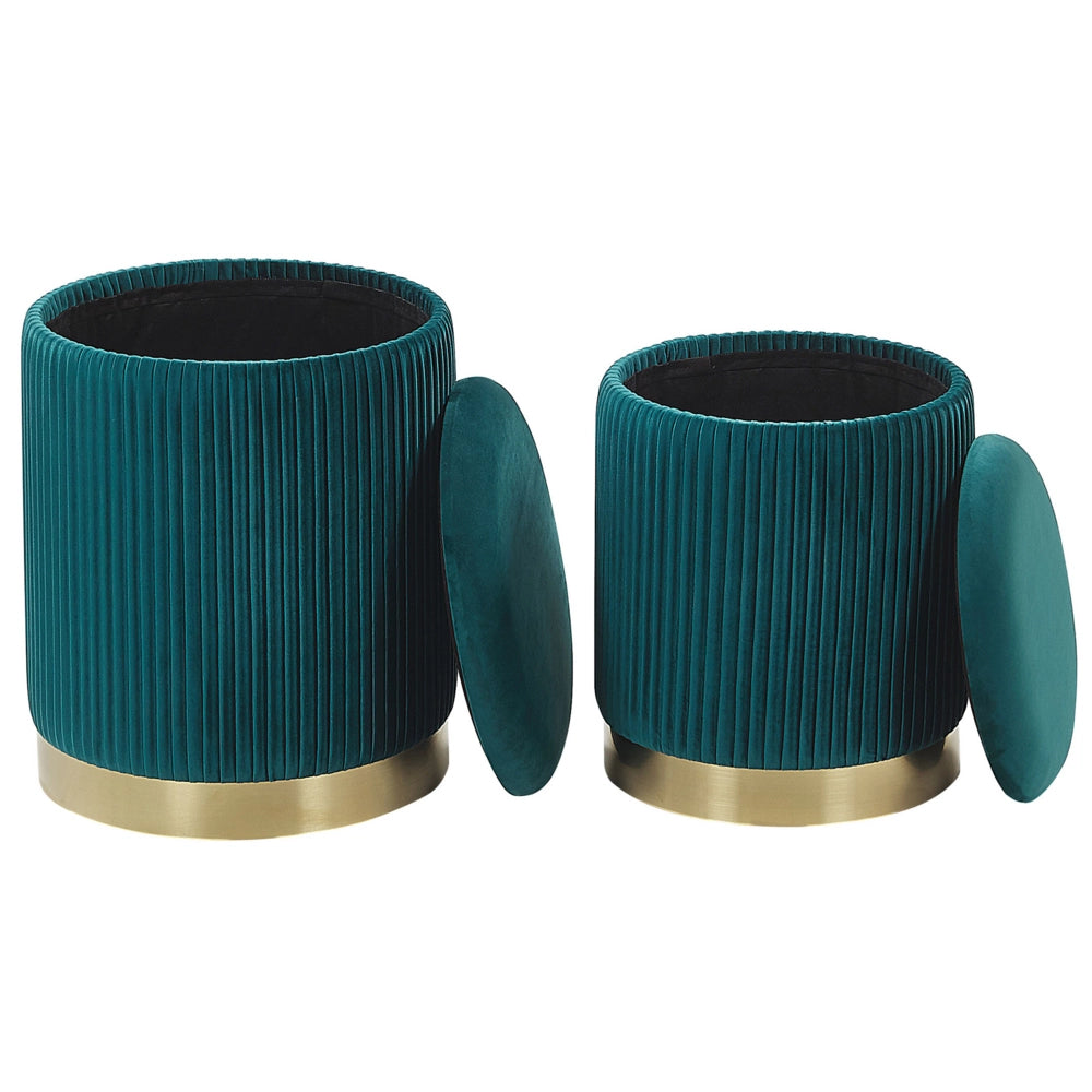 Set di 2 pouf portaoggetti Rivestimento in velluto di poliestere blu turchese Base dorata Design moderno Ciuffo orizzontale Soggiorno pezzo