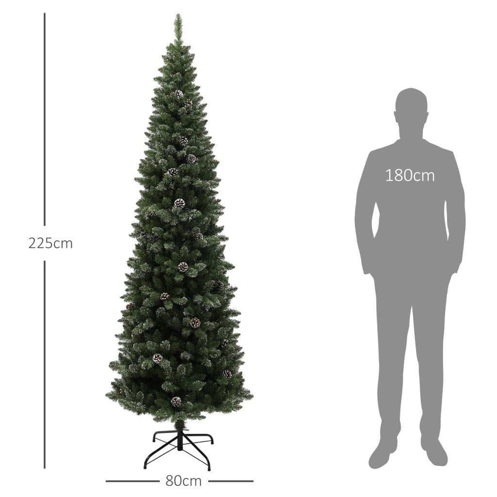 Albero di Natale Innevato Slim Alto 225 cm con 980 Rami Pigne e Base in Acciaio Verde
