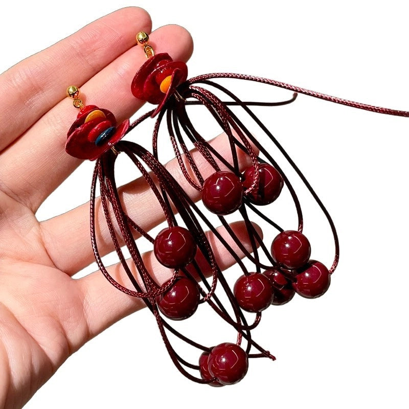 Orecchini pendenti retr¨° con ancora rossa e perline rosse a forma di ancora, autunno/inverno, a tema acacia e fagioli rossi.
