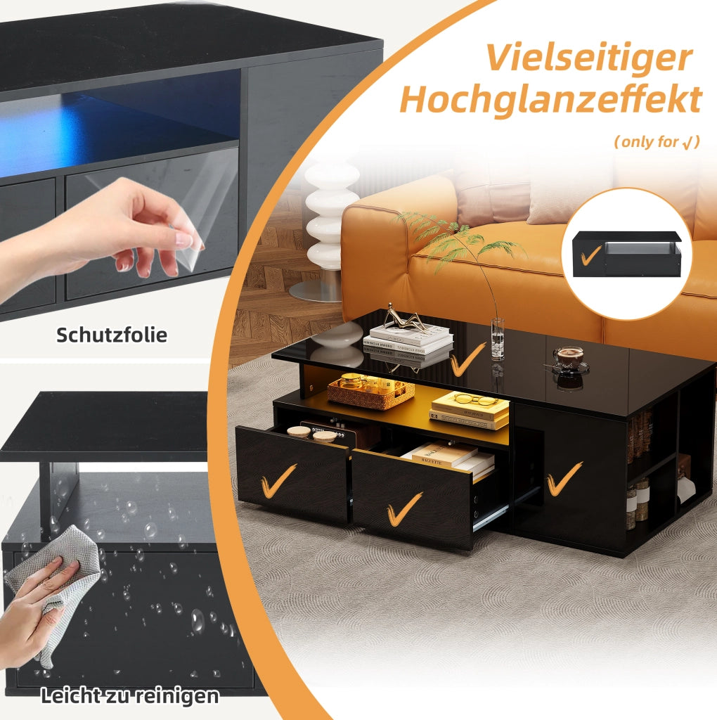 Tavolino da caffè LED nero con 2 cassetti, 100x50x35 cm