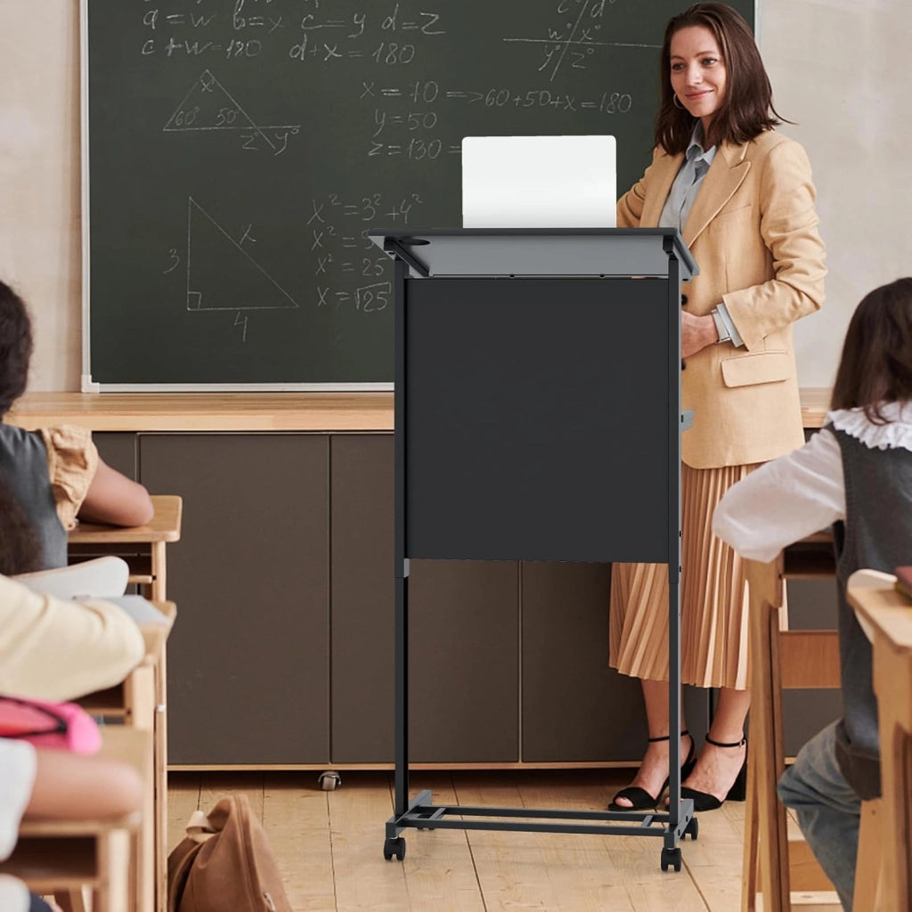 Leggio con rotelle per computer portatile con regolazione in altezza e ripiani, per aule, discorsi, nero, 60 x 39,5 x 122,5/115,5/108,5 cm