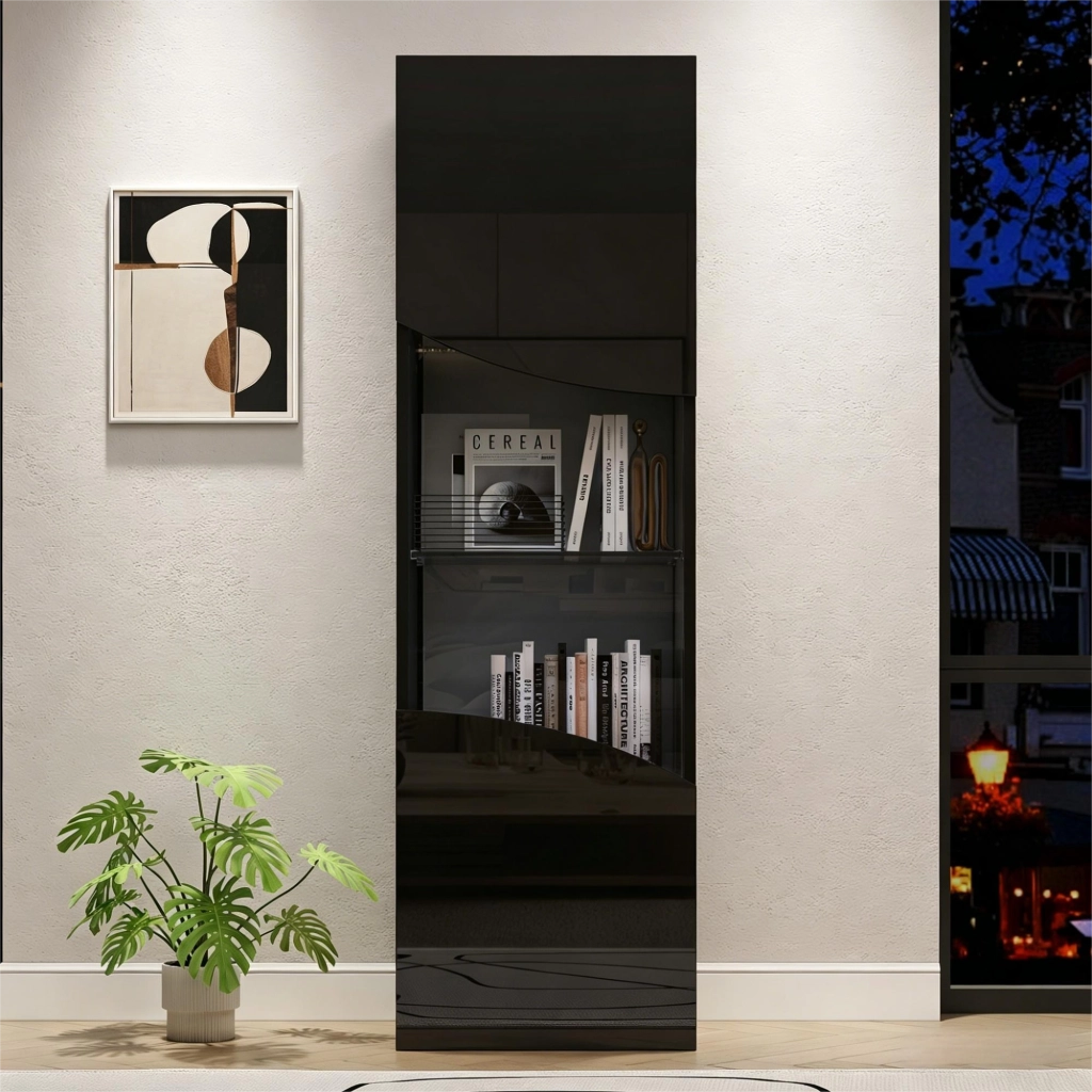 Vetrina alta e stretta 35 x 50 x 165 cm, finitura nero lucido, con LED e ante in vetro temperato