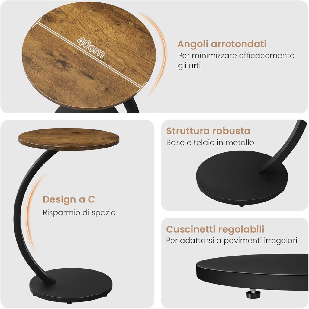 Tavolino Rotondo a Forma di C, Tavolino per Divano Letto, con Struttura in Metallo Piano in MDF, φ40xH65 cm, Nero, BTS21sz