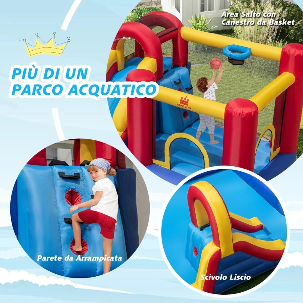 Castello Gonfiabile per Bambini, Parco Acquatico Gigante con Doppi Scivoli d'Acqua, 2 Piscine, Area Salto, Canestro e Parete da Arrampicata, 450 x 392 x 216 cm