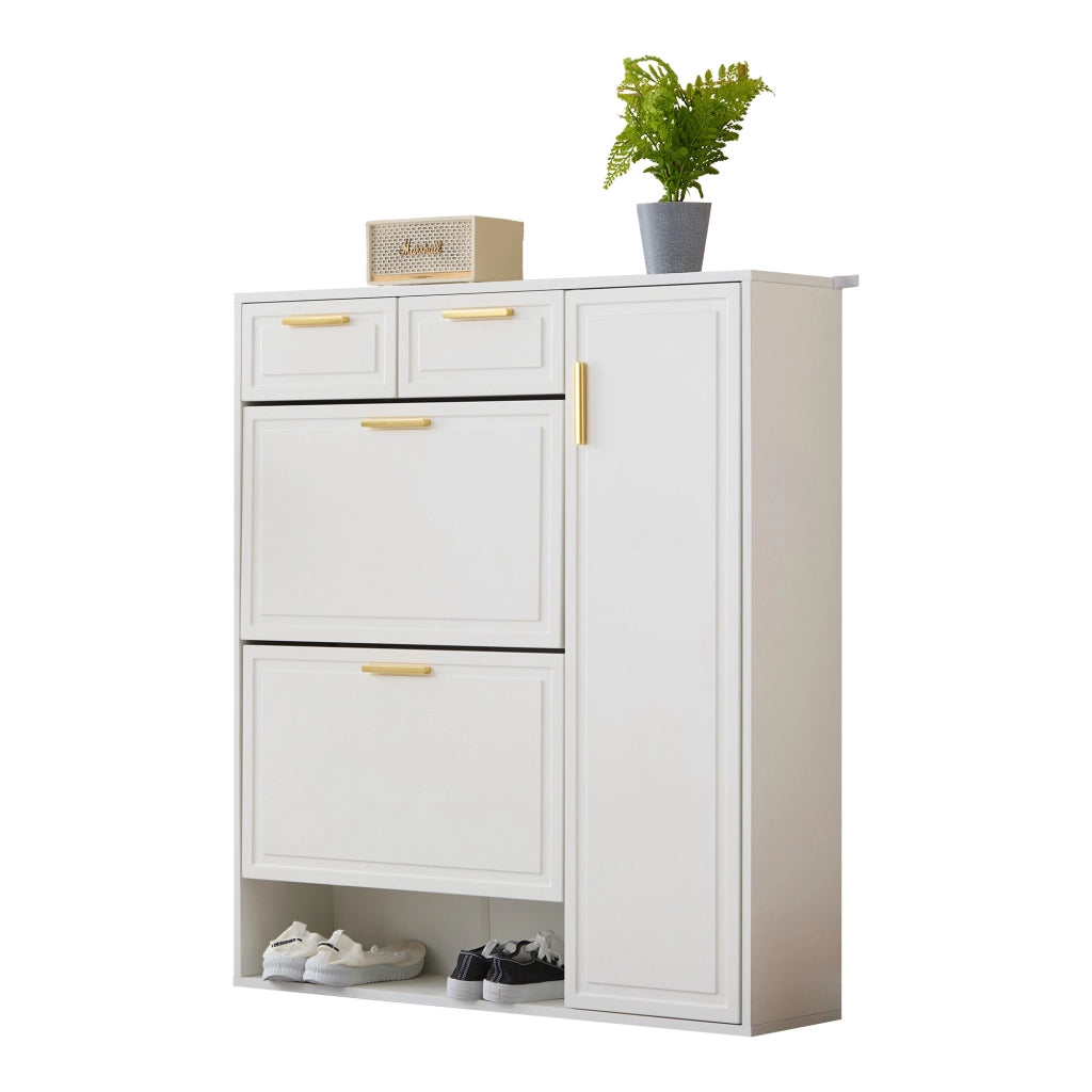 Scarpiera bianca 95x24x107;5 cm con ripiani regolabili; cassetti e vani aperti