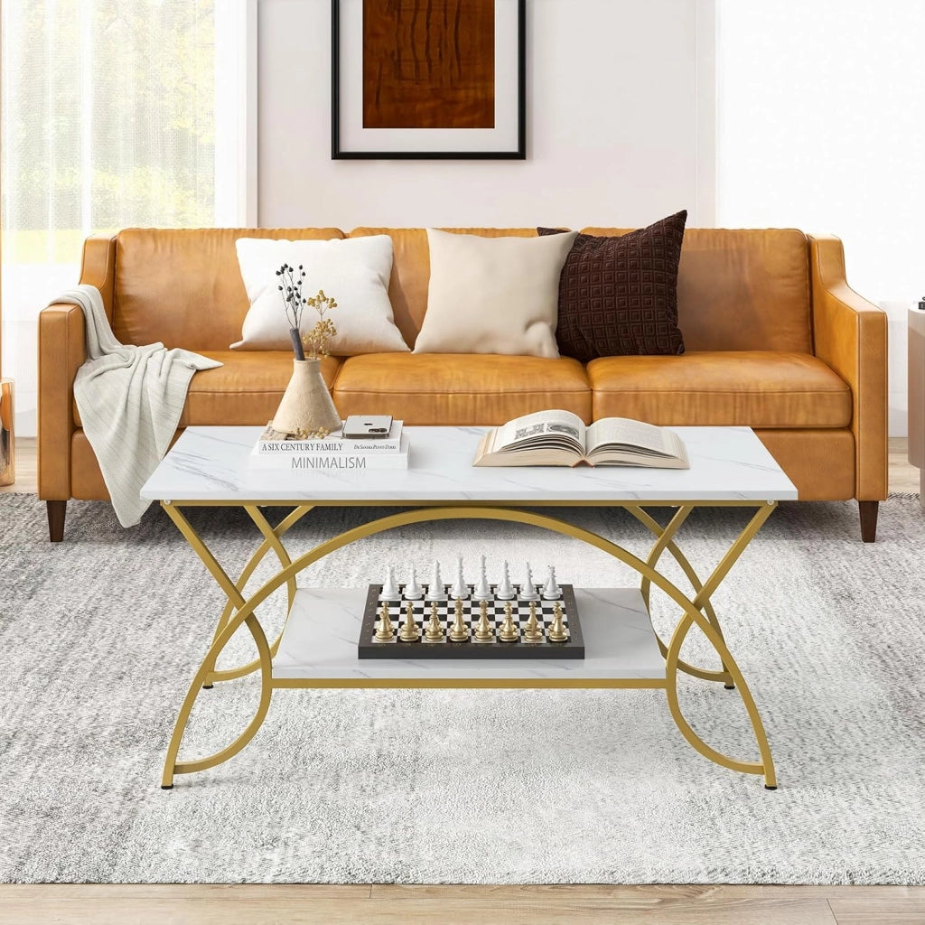 Tavolino da Caffè da Salotto, Tavolino Rettangolare a 2 Livelli con Struttura in Metallo, Tavolino Elegante e Moderno per Studio, Ufficio e Soggiorno, 100 x 50 x 45 cm (bianco e oro)