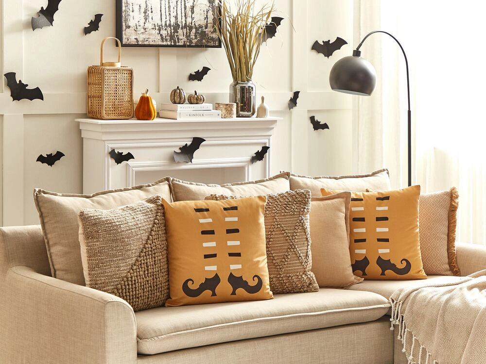 Set di 2 cuscini decorativi in velluto arancione scarpe strega 45 x 45 cm quadrati moderni accessori per la decorazione autunnale di Halloween