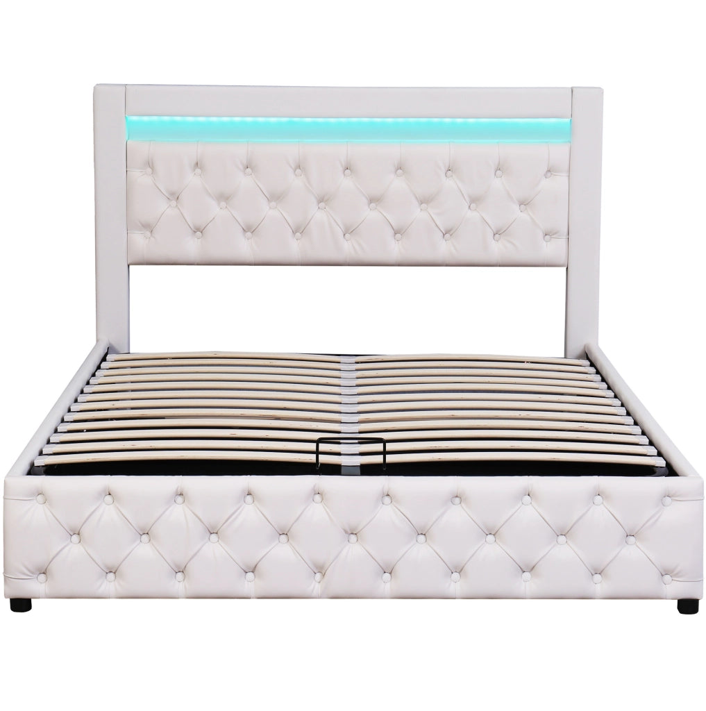 Letto imbottito 140x200 cm con LED; contenitore; rete a doghe; similpelle bianca