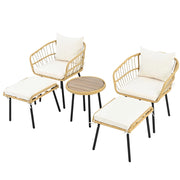 Tavolo; 2 Sedie e 2 Sgabelli da Giardino; Mobili per Esterno in Rattan e Tessuto; Bianco e Naturale