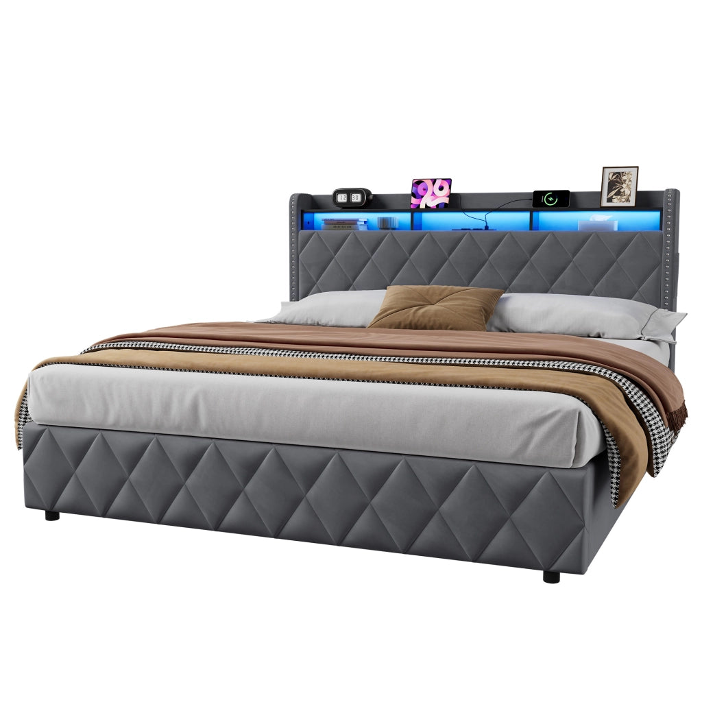 Letto Imbottito 180x200 cm con Contenitore, LED e USB, Grigio Scuro