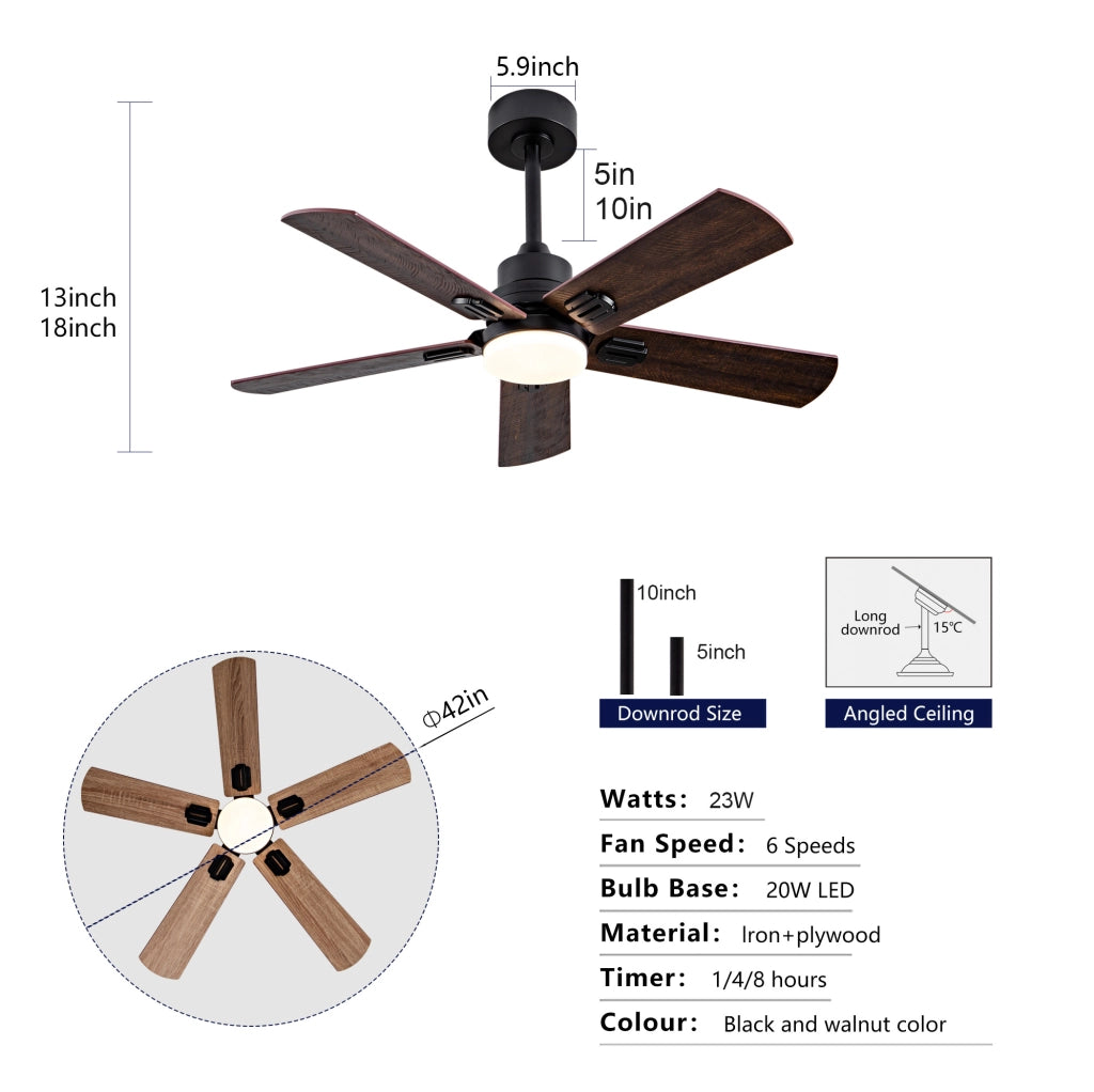 Ventilatore da soffitto nero da 42 pollici con luce dimmerabile e telecomando per uso interno ed esterno