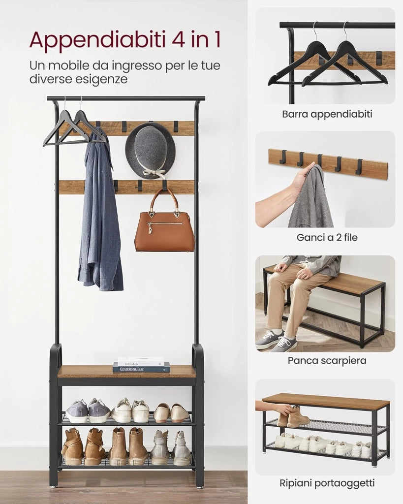 VASAGLE Appendiabiti con Scarpiera, Mobile da Ingresso con Panca, 4 in 1, 9 Ganci Rimovibili, Barra Attaccapanni, Entrata Corridoio, 33,7 x 77 cm, Industriale, Noce Medio e Nero HSR040B41