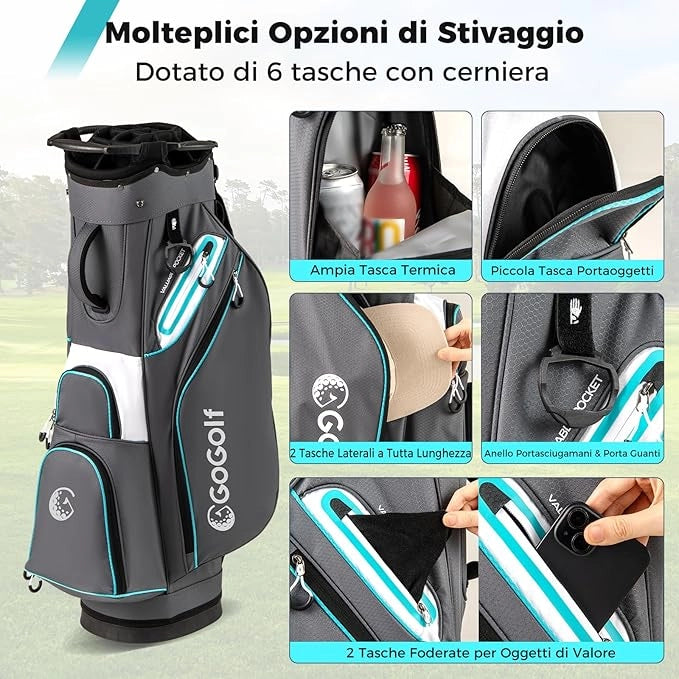 Borsa da Golf per Carrello con 14 Scomparti, Organizzatore Portatile per Mazze da Golf con Tasca Frigo, Tracolla Regolabile, Cappuccio Antipioggia e Porta Ombrello per Uomo e Donna