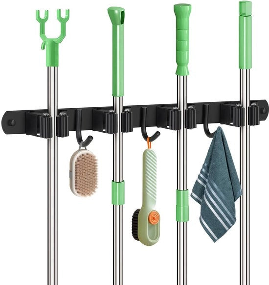 Sistema di Appendi Scopa per Parete, Appendi Scopa in Acciaio Inossidabile, Supporto per Attrezzi con 4 Alloggiamenti e 3 Ganci, Appendi Scopa per Attrezzi da Giardino, Supporto per Scopa e Mop per Casa, Giardino, Cucina, Garage