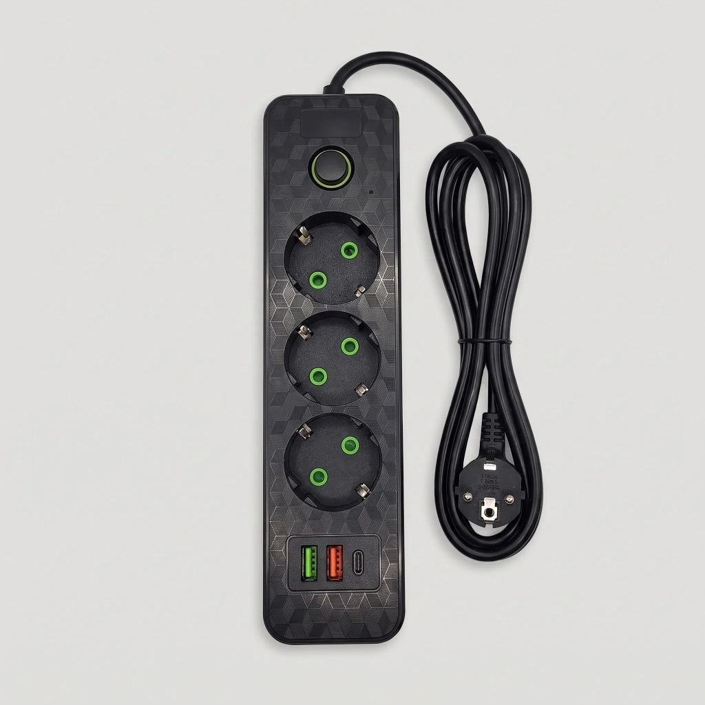 Multipresa Con Prolunga, 3 Prese + 2 Porte Usb-a + Usb-c Jnh020-3a Black