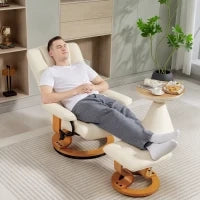 Poltrona Relax Reclinabile con Poggiapiedi, Girevole, Telaio in Legno, Rivestimento Sintetico Crema