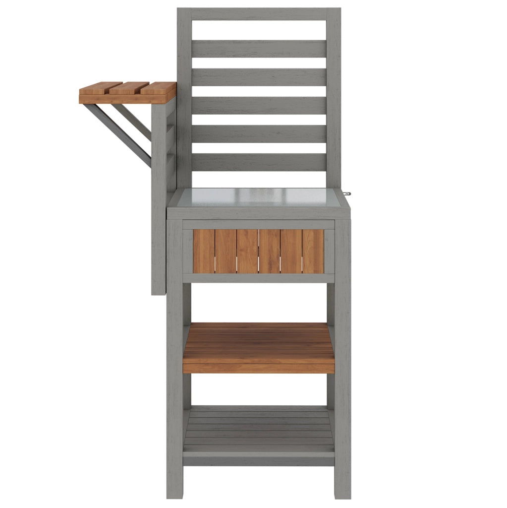 Mobile da esterno in legno massello con piano in acciaio inox e doppio ripiano; 74x54x149 cm; naturale