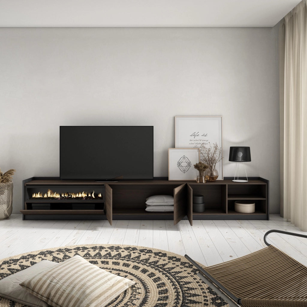 Mobile TV Soggiorno, 310x50x37 cm, Per TV fino a 80", Camino elettrico, Rovere scuro e Nero