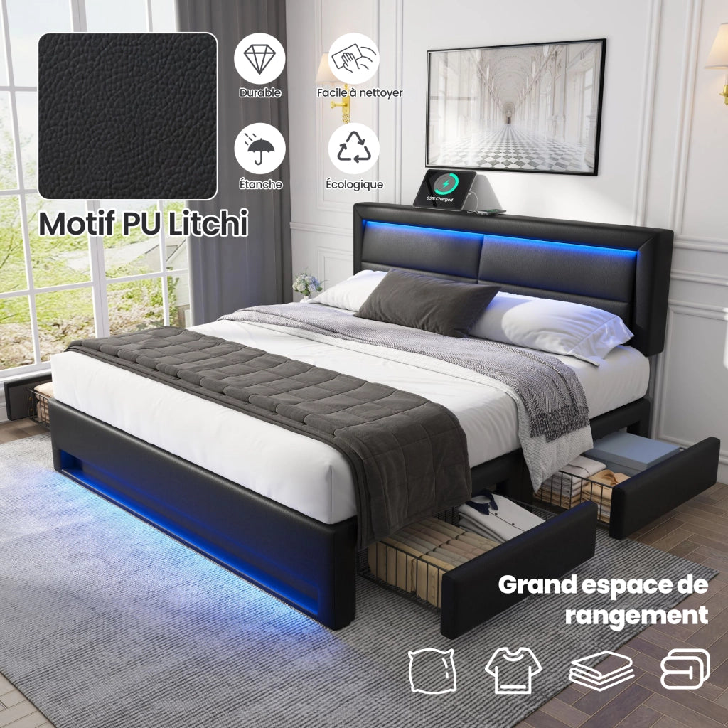 OKWISH Letto con Cassetti 140×200 cm, Letto Matrimoniale con USB, Ricarica Wireless, LED Regolabile e 4 Cassetti, senza Materasso, in PU, Nero