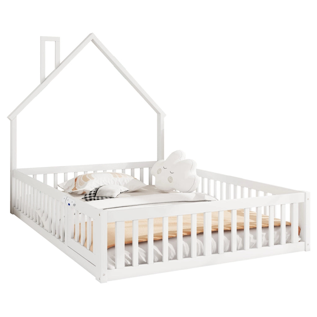 Letto per bambini 140x190 cm con protezione e design camino in pino bianco