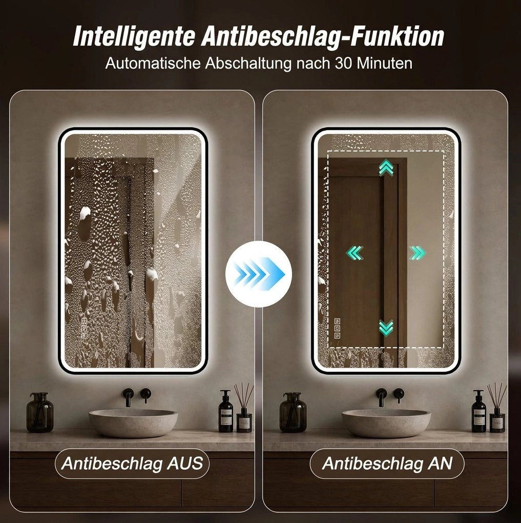 Specchio da bagno LED nero con antiappannamento e dimmer