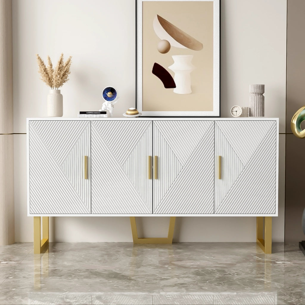 Credenza con 4 Ante e Ripiani Regolabili; Frontali Strutturati Lucidi; Stile Moderno; in MDF; Bianco; 150??40??82 cm