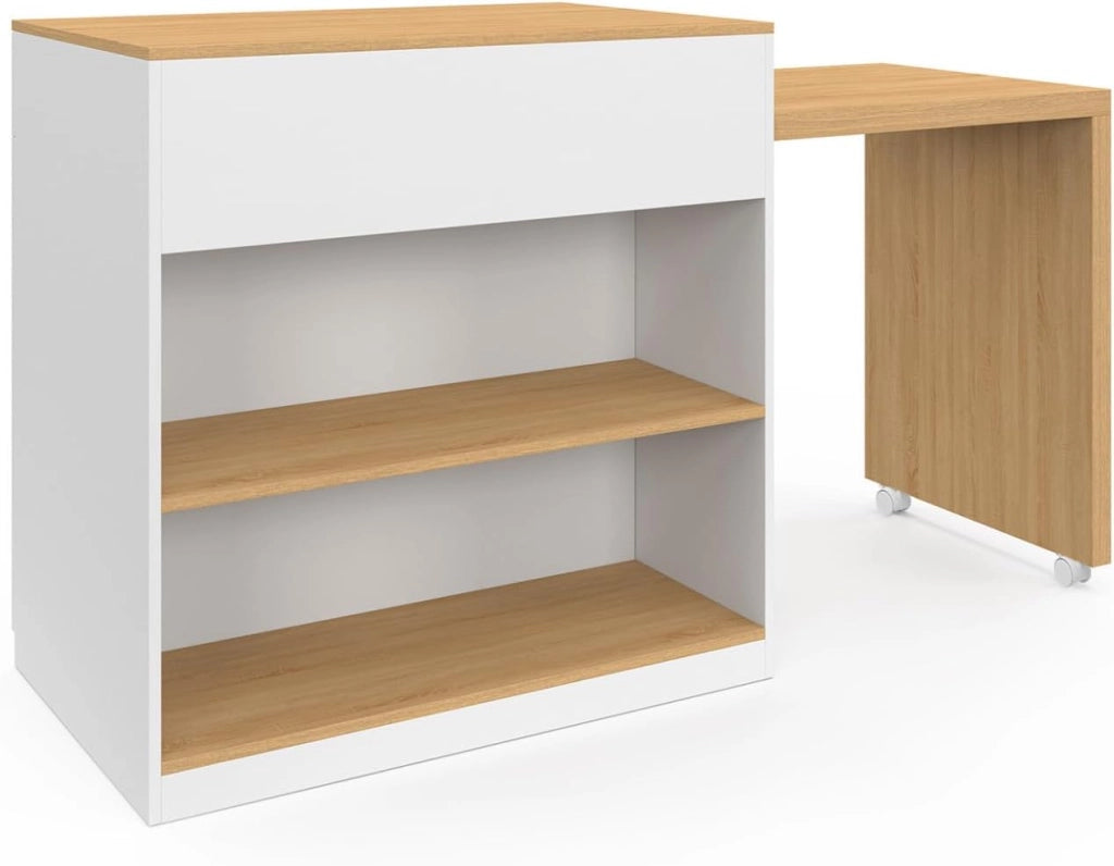 Isola centrale VITO 94-155 cm in legno bianco con tavolo da pranzo integrato allungabile in finitura faggio