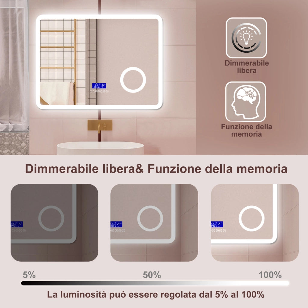 AICA Specchio da bagno  80 x 60 cm, dimmerabile, Blue tooth, Funzione Memoria, antiappannamento, 3 colori, Magnificatore,  orologio