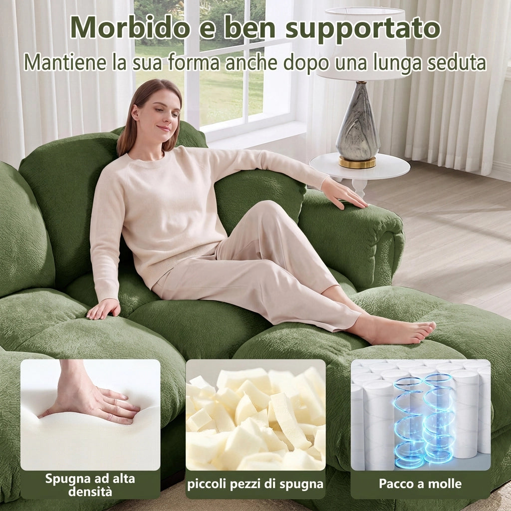 Divano 4 posti in ciniglia verde 330 cm; divano angolare a L con pouf mobile e design trapuntato