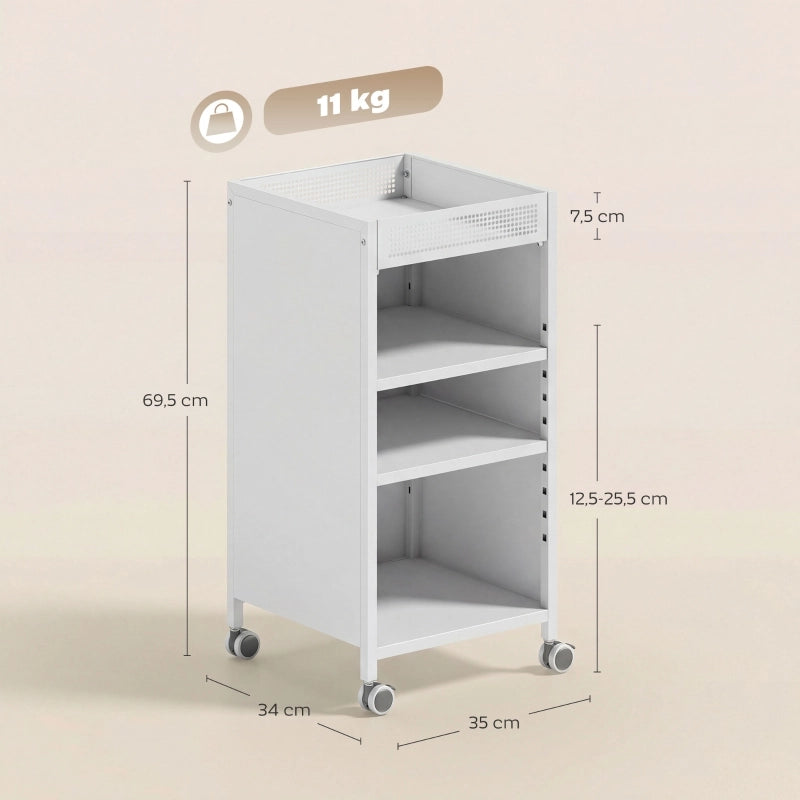 Libreria mobile con ripiani regolabili, carrello a 3 livelli con cestello superiore, bianco