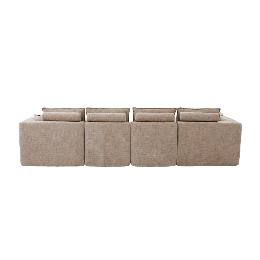 Divano modulare 4 posti 322x161x75 cm in tessuto beige, con 2 pouf e tasche laterali –