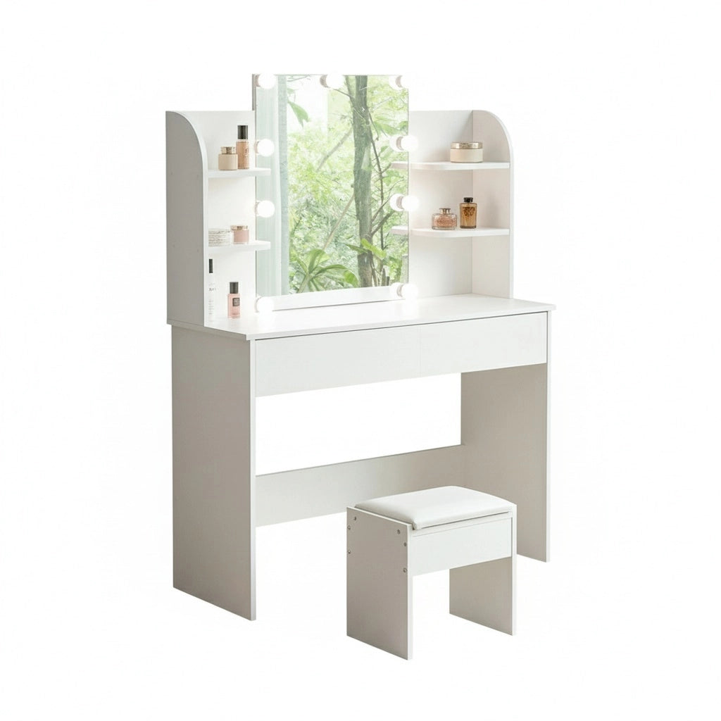 Toeletta con specchio - Xylo - LED, sgabello e 3 cassetti, bianco