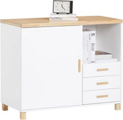 Cassettiera Ufficio Mobiletto Salvaspazio con 3 Cassetti e 1 Vano Aperto Supporto Stampante Schedario da Ufficio Cassettiera da Scrivania Bianco e Naturale 90x45x75cm ASK07-WN