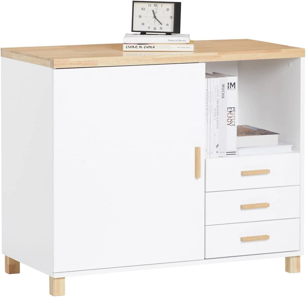 Cassettiera Ufficio Mobiletto Salvaspazio con 3 Cassetti e 1 Vano Aperto Supporto Stampante Schedario da Ufficio Cassettiera da Scrivania Bianco e Naturale 90x45x75cm ASK07-WN