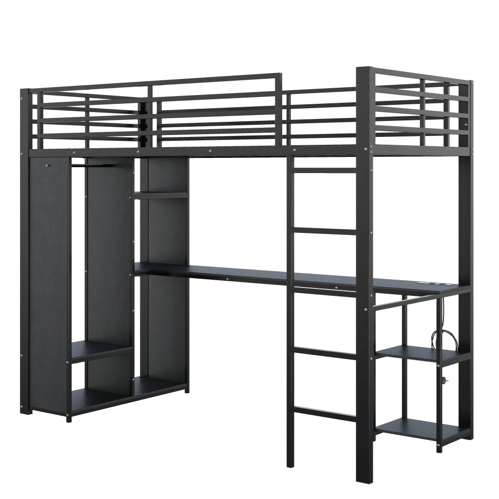 Letto a Soppalco 90x200 cm, con Scrivania, LED, Presa USB, Scaffali e Armadio