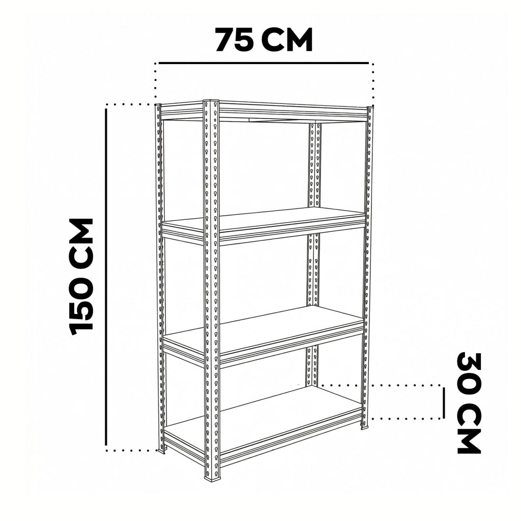 Brace 75 - Scaffale in metallo 150x73x30 cm 4 ripiani carico max 700 Kg Scaffalatura per Garage in Metallo e MDF Nero
