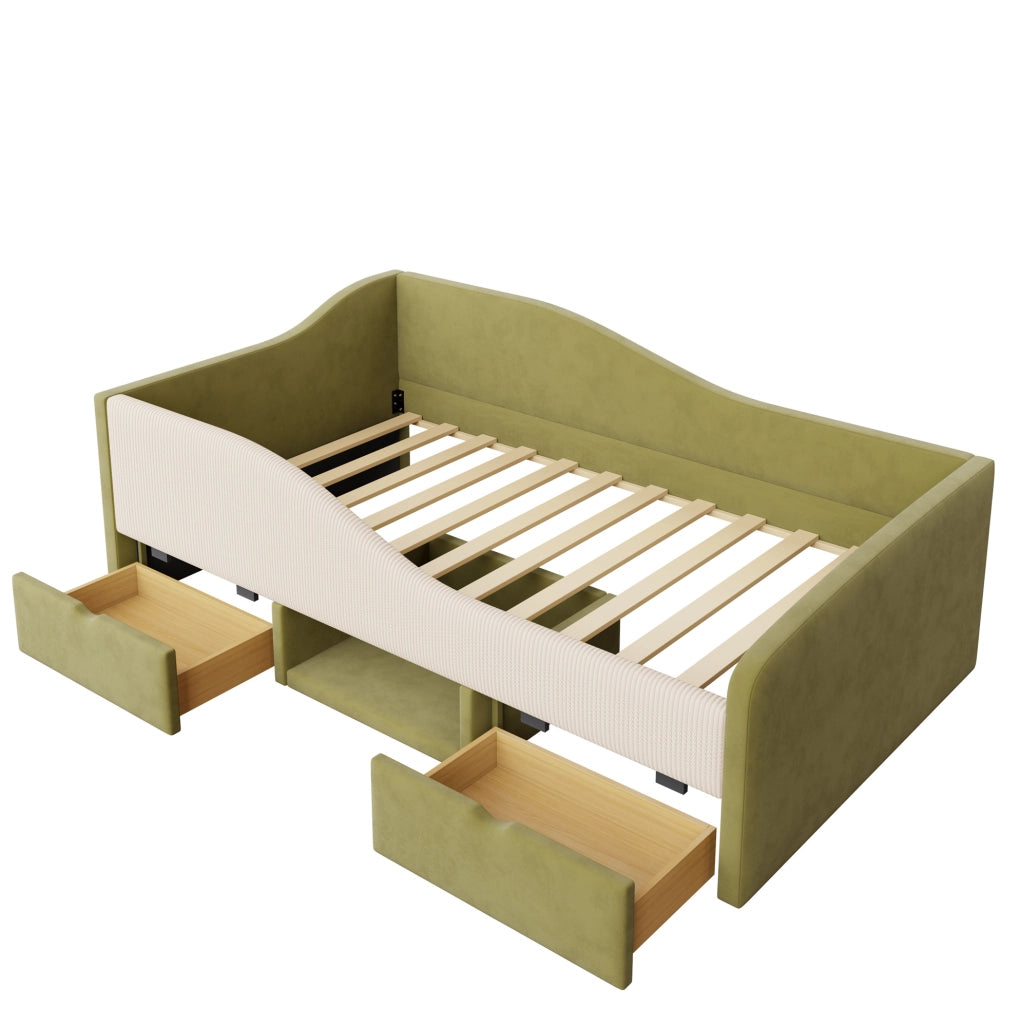 Divano letto imbottito 90x190 cm con 2 cassetti; velluto verde e avorio