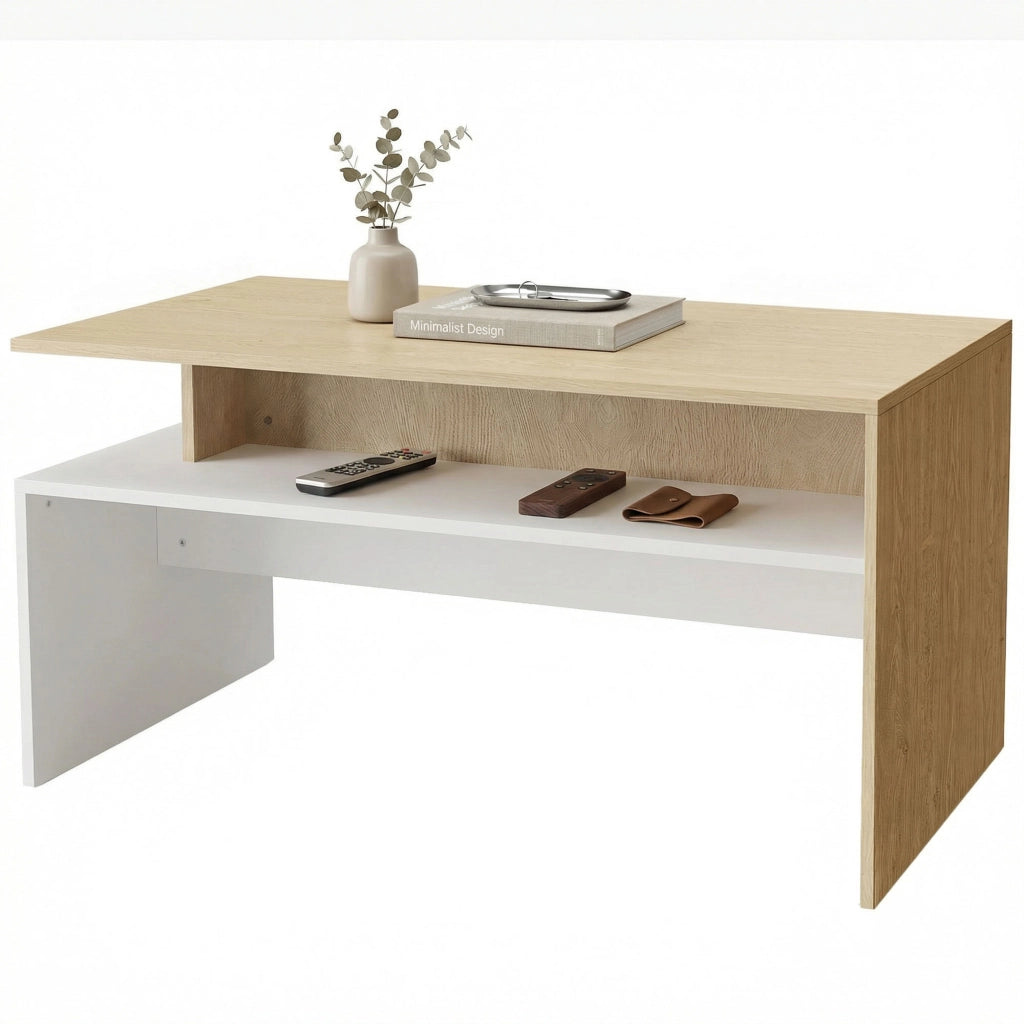 Tavolino da caff¨¨ con cassetto ¨C Zephmum ¨C 95x55x50 cm, naturale e bianco