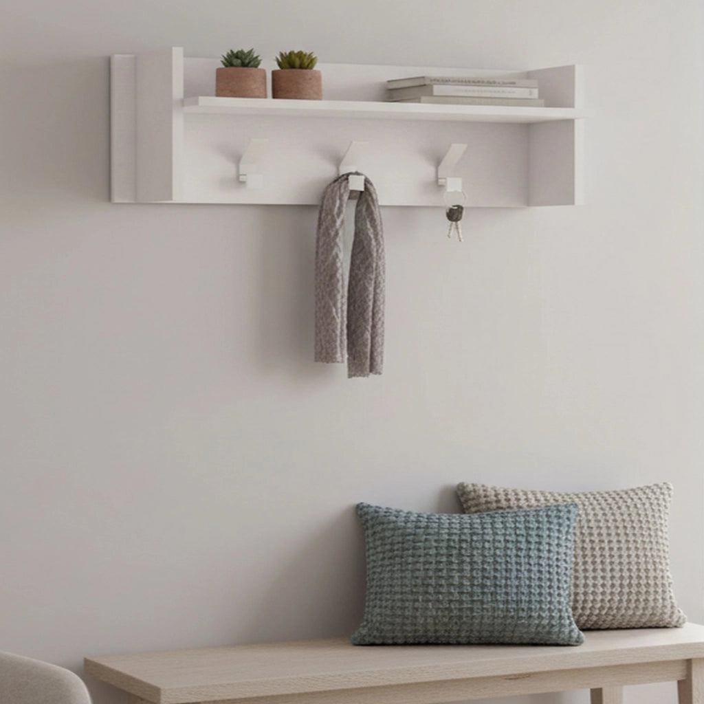 Mobile da ingresso Angry, Mobile appendiabiti con 3 ganci, Mensola portaoggetti da ingresso, Made in Italy, Cm 90x29h34, Bianco