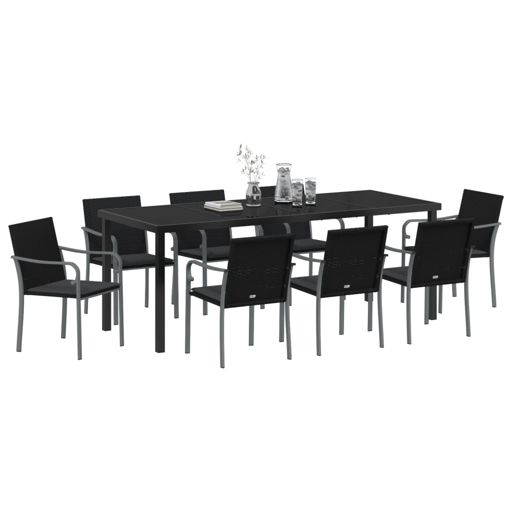Set pranzo giardino 9 pezzi con cuscini Polyrattan neri