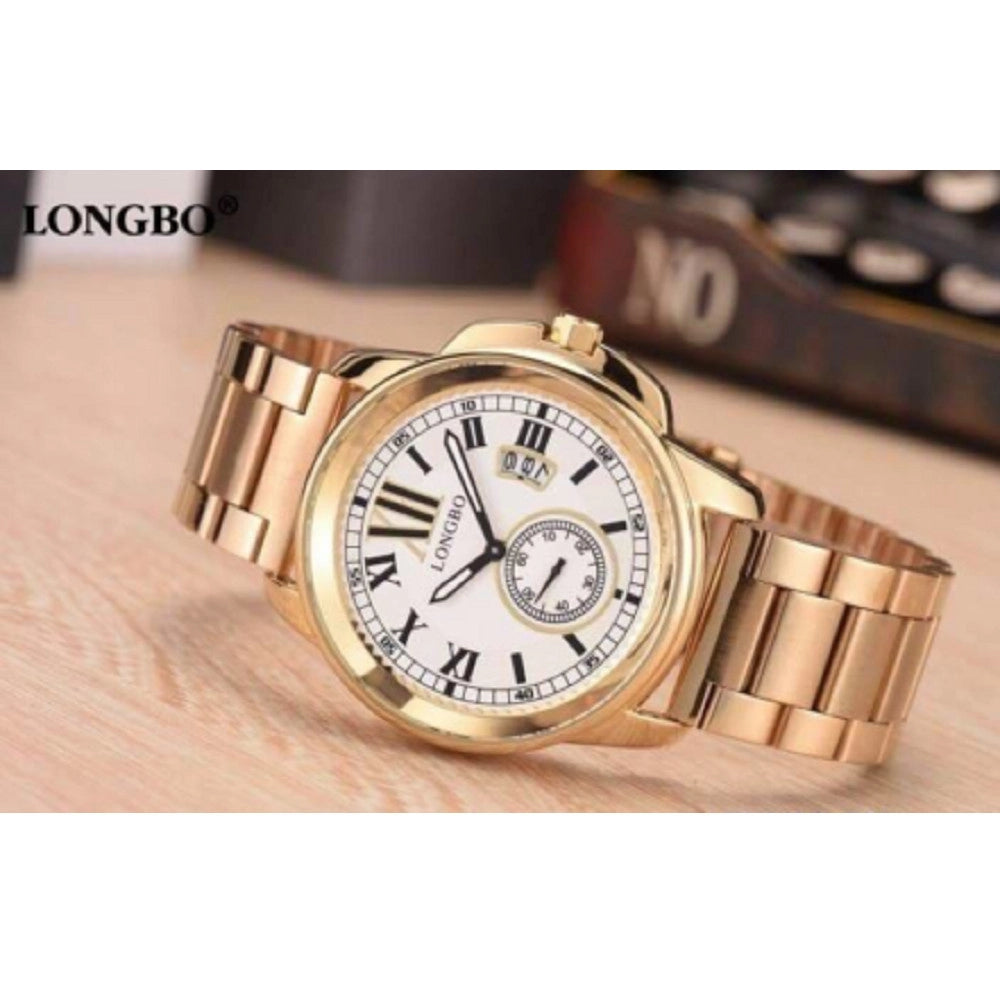 Trade Shop - Orologio Polso Acciaio Longbo Uomo Dorato Bianco Classico Elegante Waterproof -
