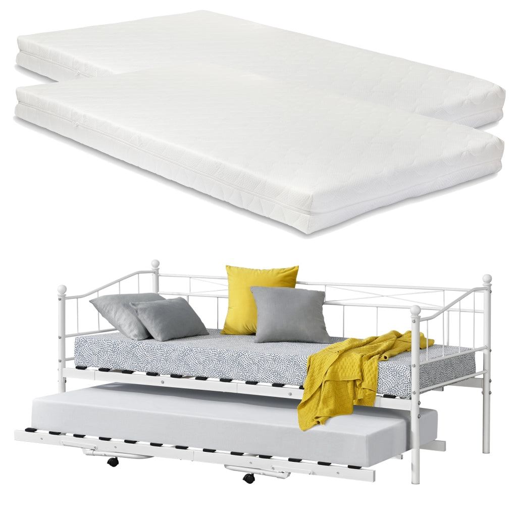 Divano in Metallo con Cornice Decorativa + Letto di Complemento con Gambe Pieghevoli e 4 Ruote, Sofa a 2-3 Posti di Seduta e Secondo Letto Salvaspazio + 2 Materassi 200x90 cm - Bianco