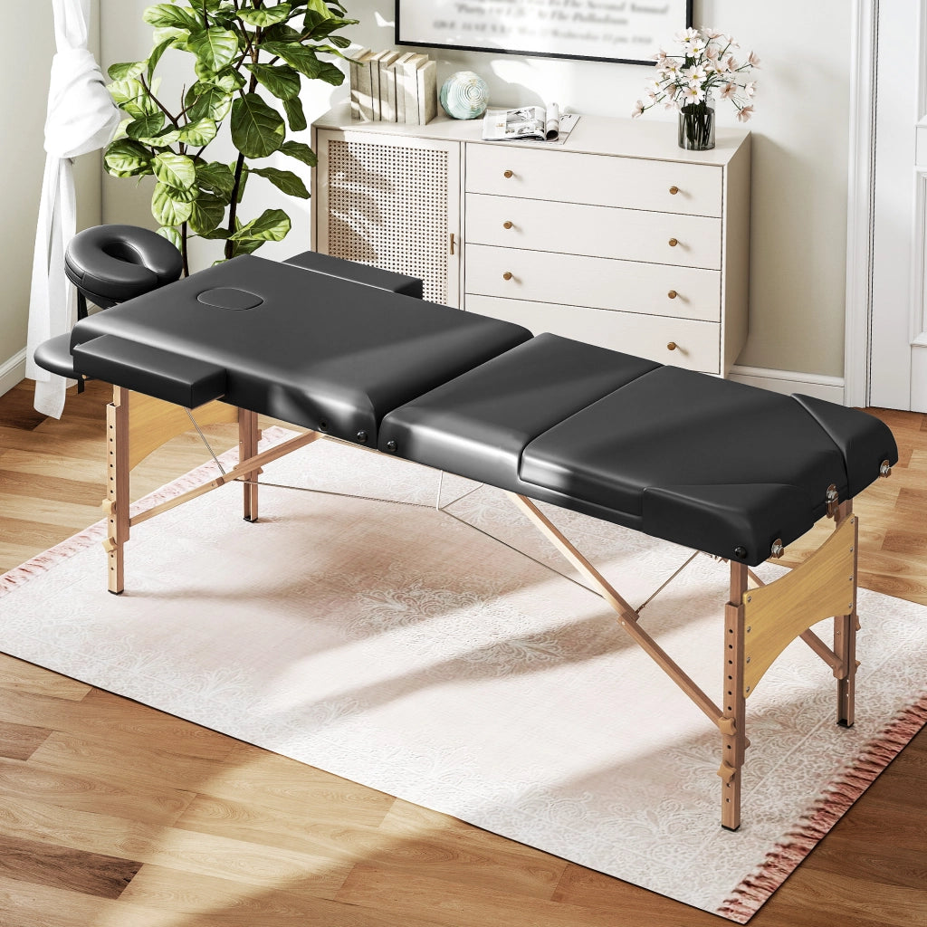 Lettino da massaggio pieghevole ¨C Xylo ¨C 3 zone, altezza regolabile, legno, 215x60x62-89 cm, nero