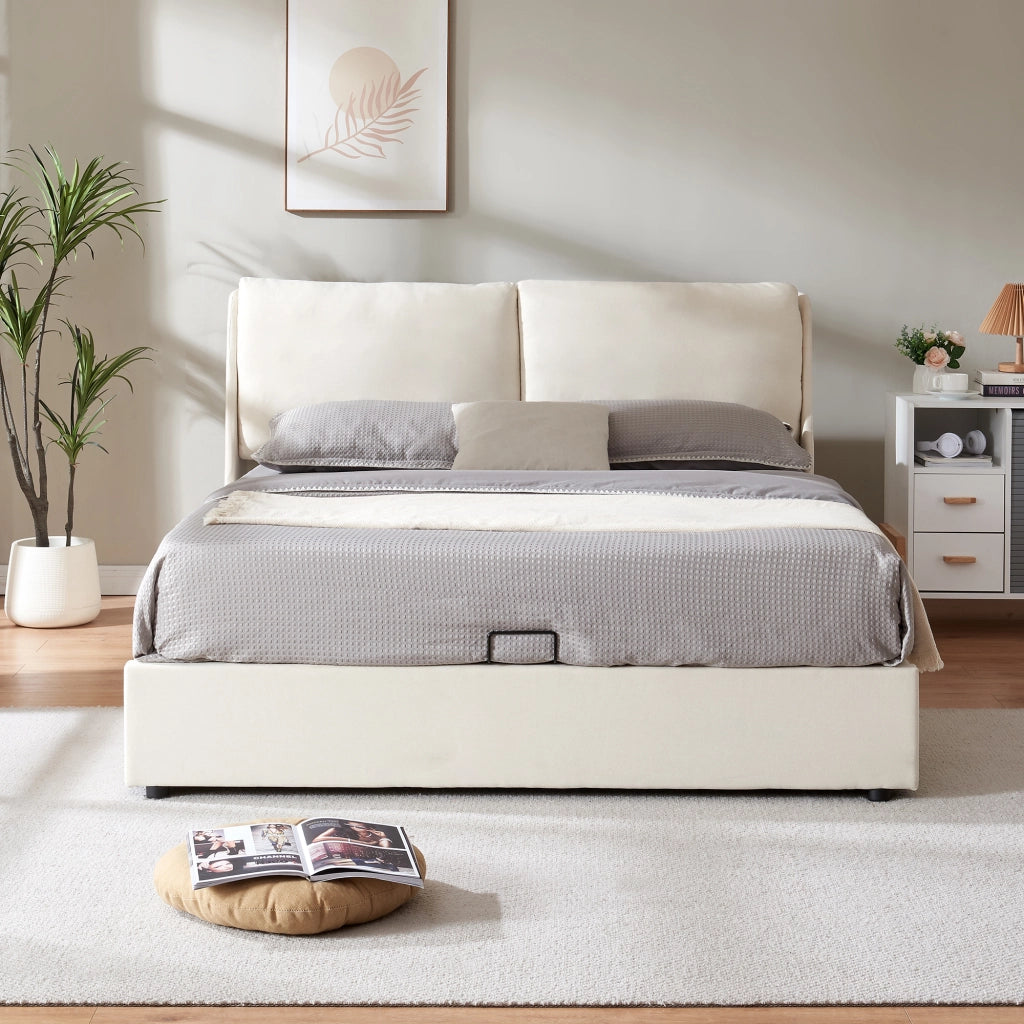 Struttura Letto Matrimoniale Lunner 160 x 200 cm con Contenitore e Testiera Imbottita - Beige [en.casa]